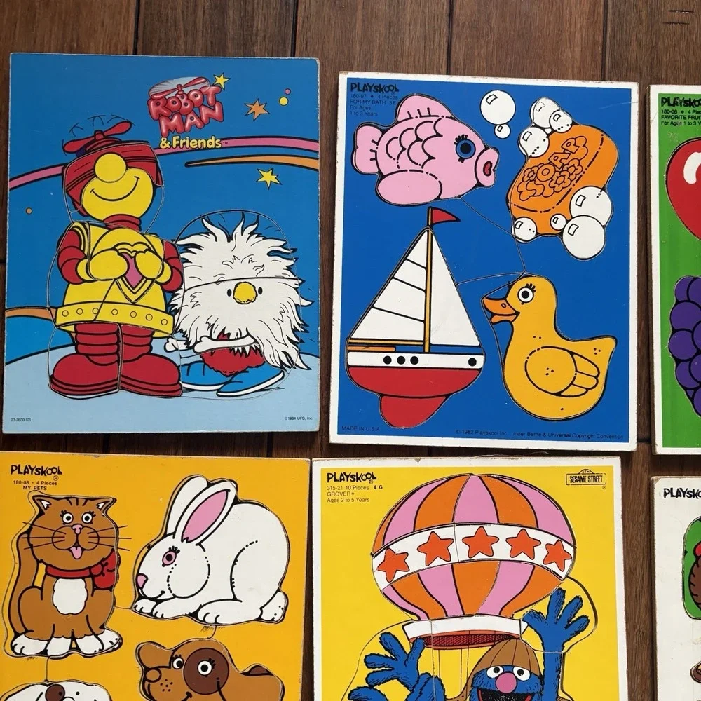 Lot of 8 Vintage Playskool Wooden Peg Puzzles Complete Grover Robotman USA